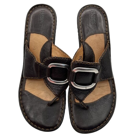 Born Womens 9 Brown Leather Wedge Sandals Thong Flip Flops Cushion Comfort - Picture 5 of 16